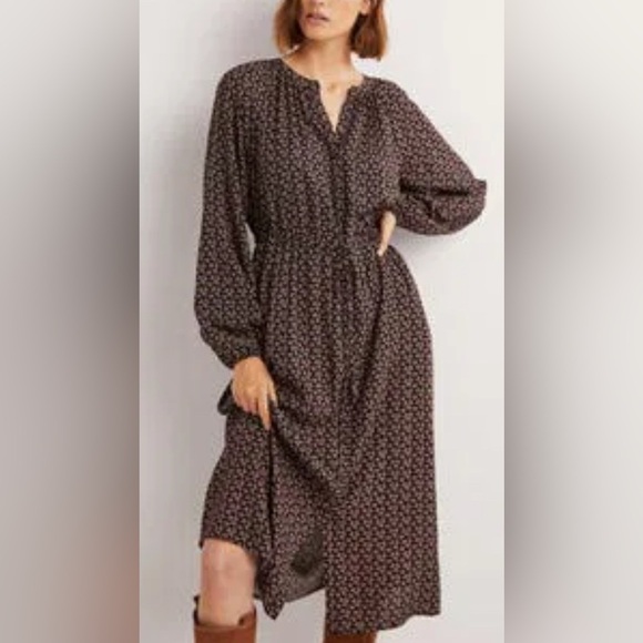 BODEN Draw String Waist MIDI DRESS Black Floral Print WOMEN US 6 NEW - Picture 1 of 7